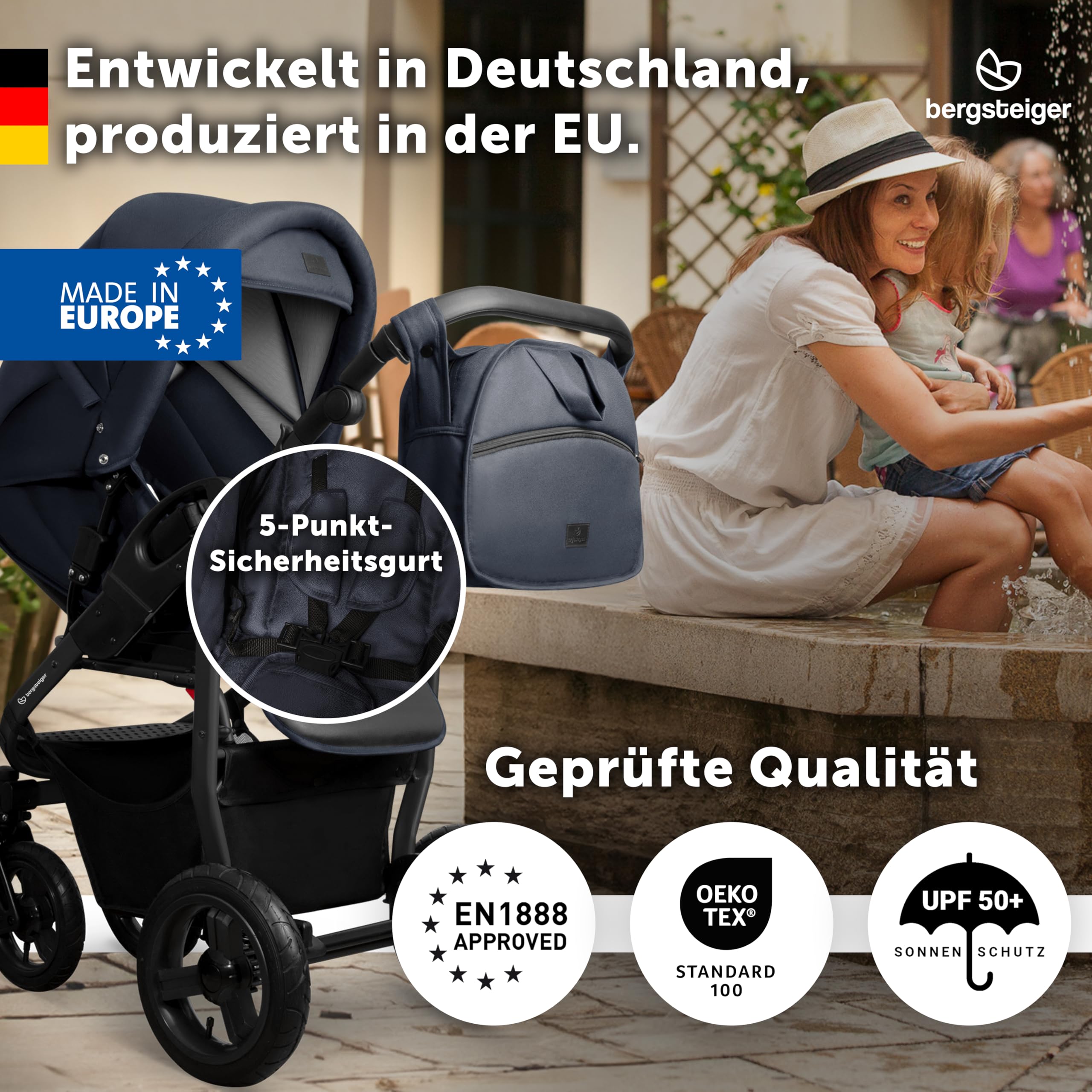 Bergsteiger Capri Kombikinderwagen 3-in-1 Babywanne Sportsitz Babyschale | Komfortables Reisesystem ab Geburt mit Luftreifen Rahmenfederung verstellbarem Griff Platzsparend faltbar und Wickeltasche