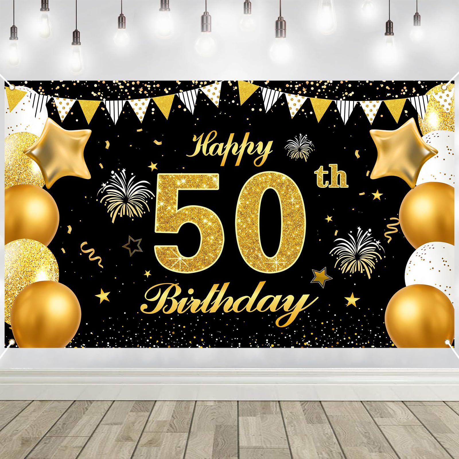 50th Birthday Decorations Banner Gold Black Happy Birthday Door Banner for Party Photo Backdrop for Men Women Home Outdoor Cover Party Decoration Supplies Poster