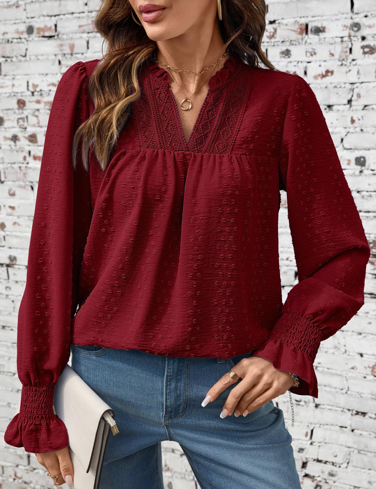HEEKPEK Chemisier Femme Chic et Élégante Boheme Blouse Manche Longue Col en V Haut Femme Dentelle Printemps Été Automne Chemise Léger Tunique Top Décontractées Poignets à Volants