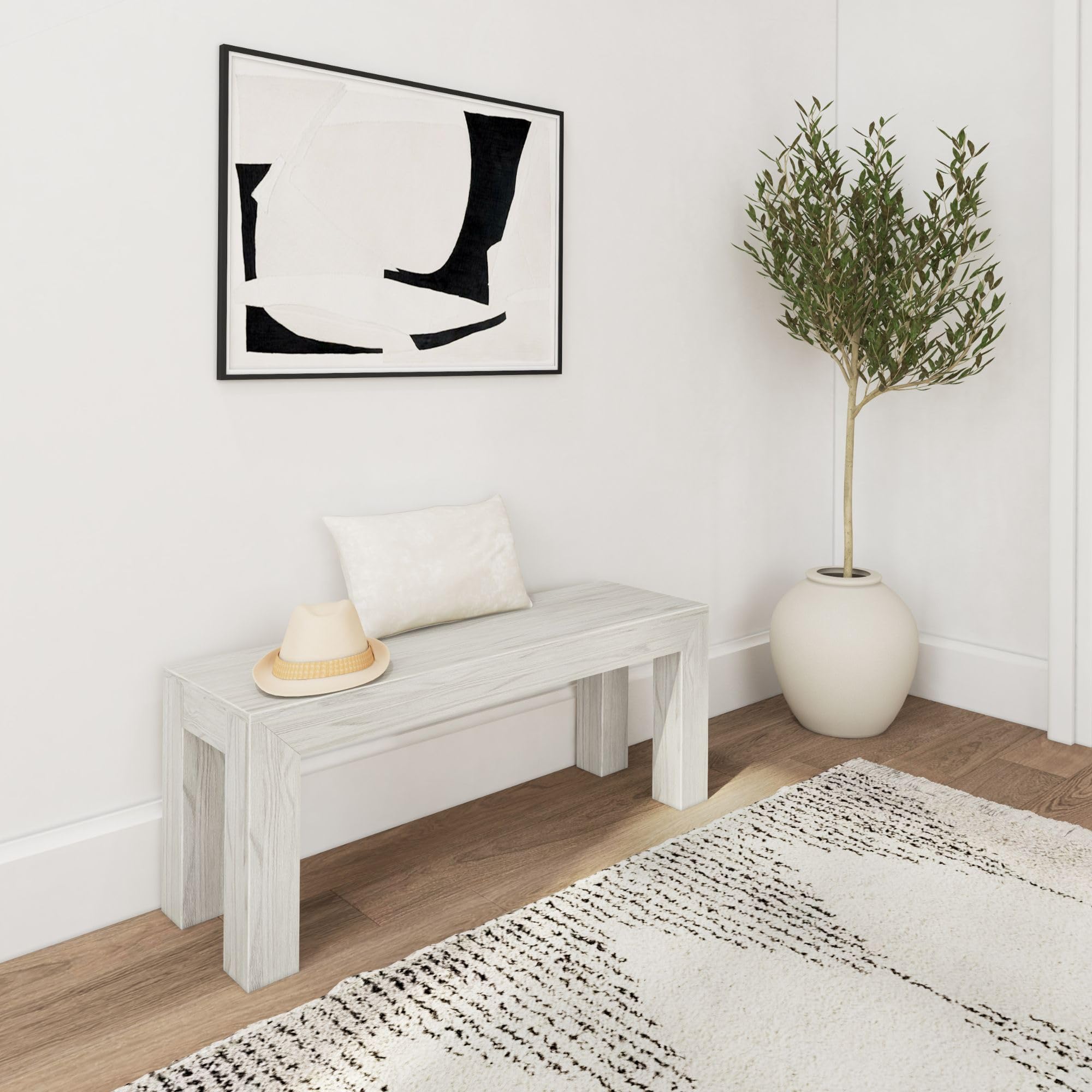 Plank+Beam Modern Dining Bench, 49 Inch, White Sand Wirebrush | Non-Toxic Finishes, Modern Design, Easy Assembly, Modern Style, Quick Setup, Solid Wood