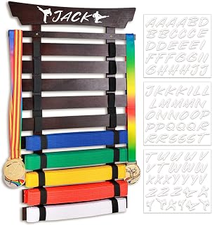 Winartton 10 Belts Karate Belt Display Rack with Stickers, Taekwondo Belt Display Holder, Martial Arts Belt Display, No Assembly Required, BJJ Hanging Holder for Adult