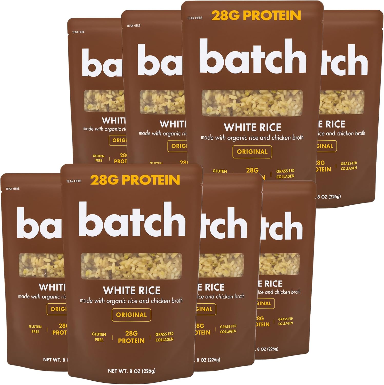 Batch – Organic Protein Rice with Collagen – 28g Protein per Bag, Ready in 90 Seconds, Microwavable Long-Grain White Rice, Grass-Fed Bovine Collagen, Gluten-Free, Made in USA – Original (8 Pack)