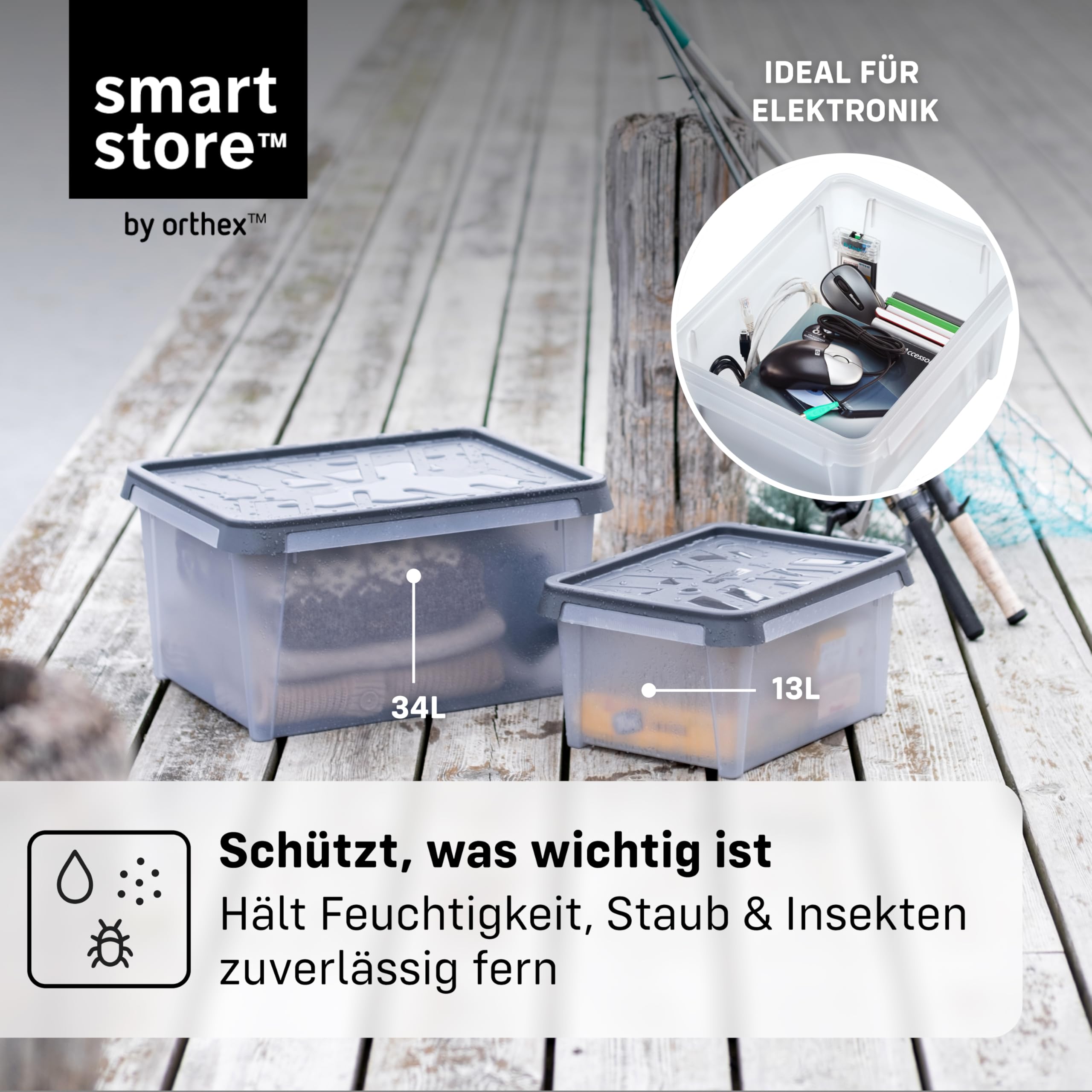 SmartStore Aufbewahrungsbox mit Deckel 55 L I 4er Set Stapelboxen I 60 x 40 x 35 cm I Wasserfest, Staubdicht I Garagen-Aufbewahrungsbox I Lebensmittelecht, BPA frei I Made in Sweden, 10 Jahre Garantie