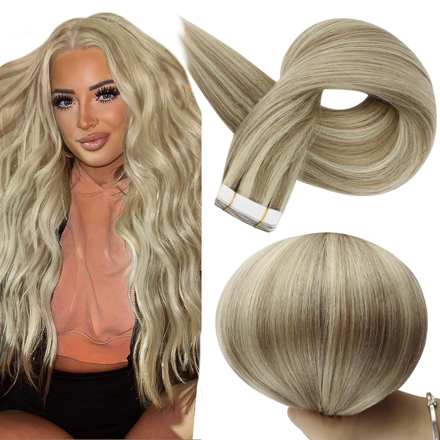 Full Shine Tape in Hair Extensions 24 Inch Double Sided Tapes Color 16 Highlighted 22 Blonde Remy Hair Extension Real Human Hair Skin Weft for Women Natural Straight 20 Pcs 50 Gram Add Length