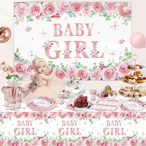 Miniatura 2 de 227 piezas de decoraciones de baby shower para niñas, suministros de fiesta de revelación de género, juego de vajilla, platos, servilletas, telón de