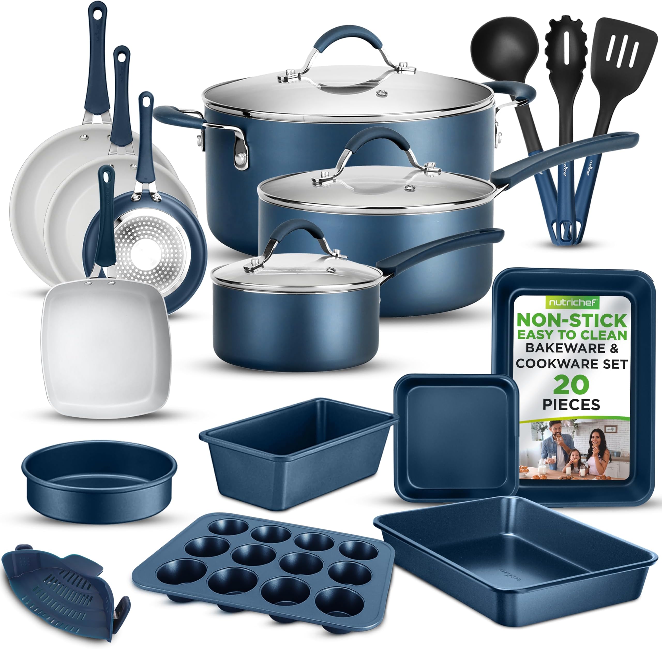 Nutrichef 20 Piece Pots and Pans Set, Bakeware and Cookware Set, Induction Hob Pots Set w/Lids, Non Stick Set, Heat Safe Silicone Handles, Saucepan, Frying Pans, Muffin Tin, Cookie Tray, Utensil-Navy
