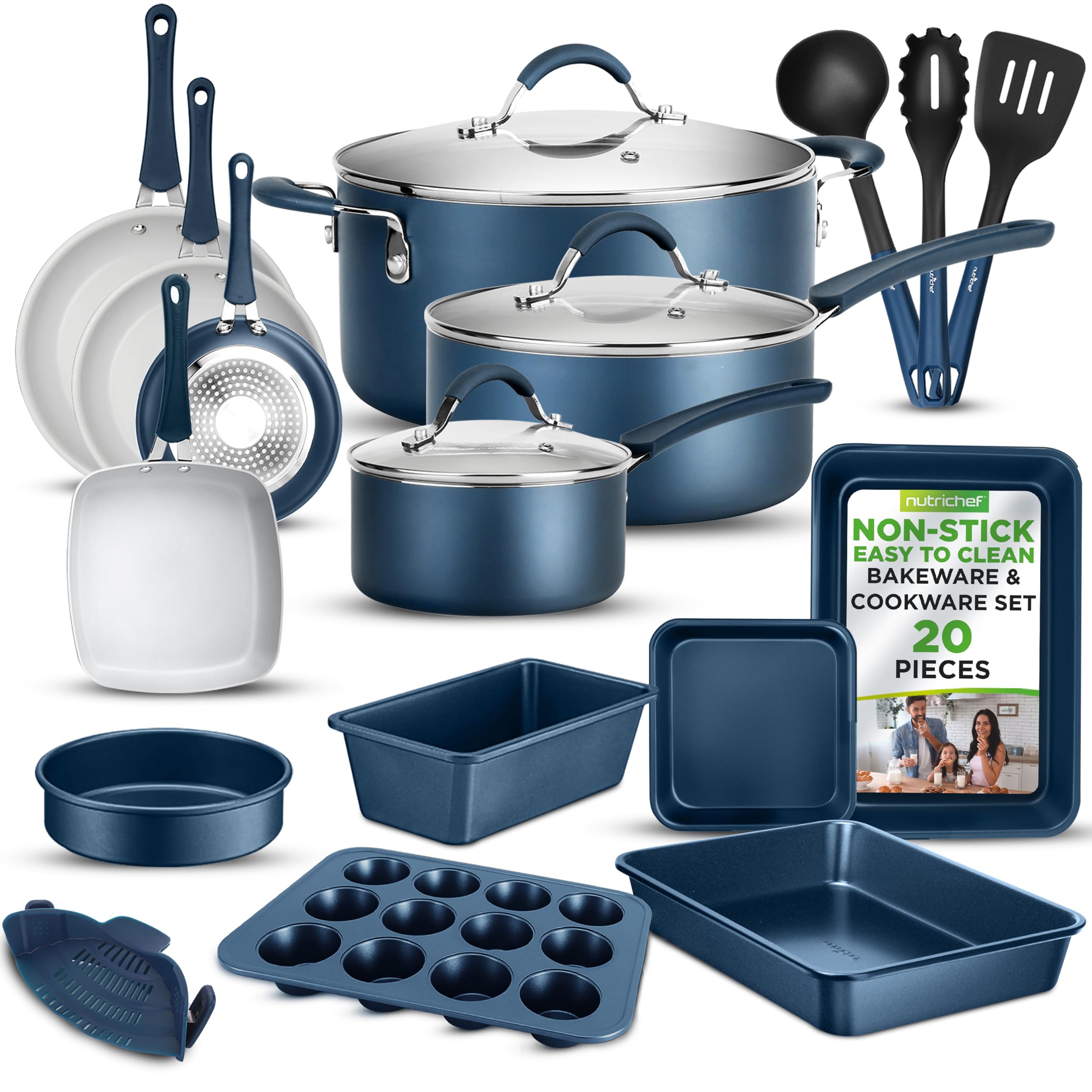 Nutrichef20 Piece Pots and Pans Set, Bakeware and Cookware Set, Induction Hob Pots Set w/Lids, Non Stick Set, Heat Safe Silicone Handles, Saucepan, Frying Pans, Muffin Tin, Cookie Tray, Utensil-Navy