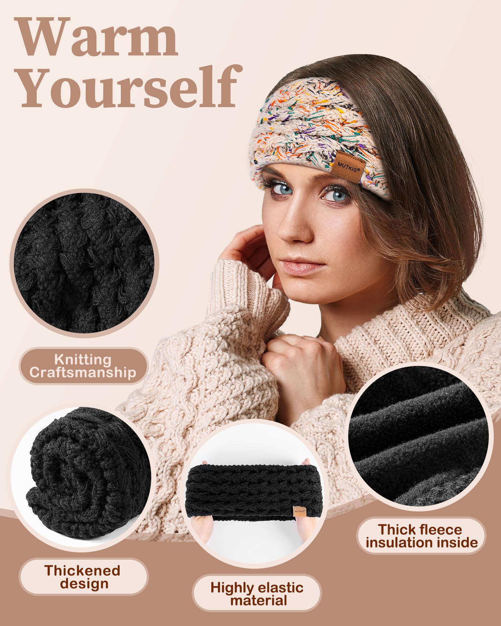 MUTKIS Winter Headbands for Women 3 Pack, Ear Warmers for Women Knit Thick Fleece Lined, Ear Muffs for Cold Weather Stocking Stuffs(Black&Beige&Dark Gray)