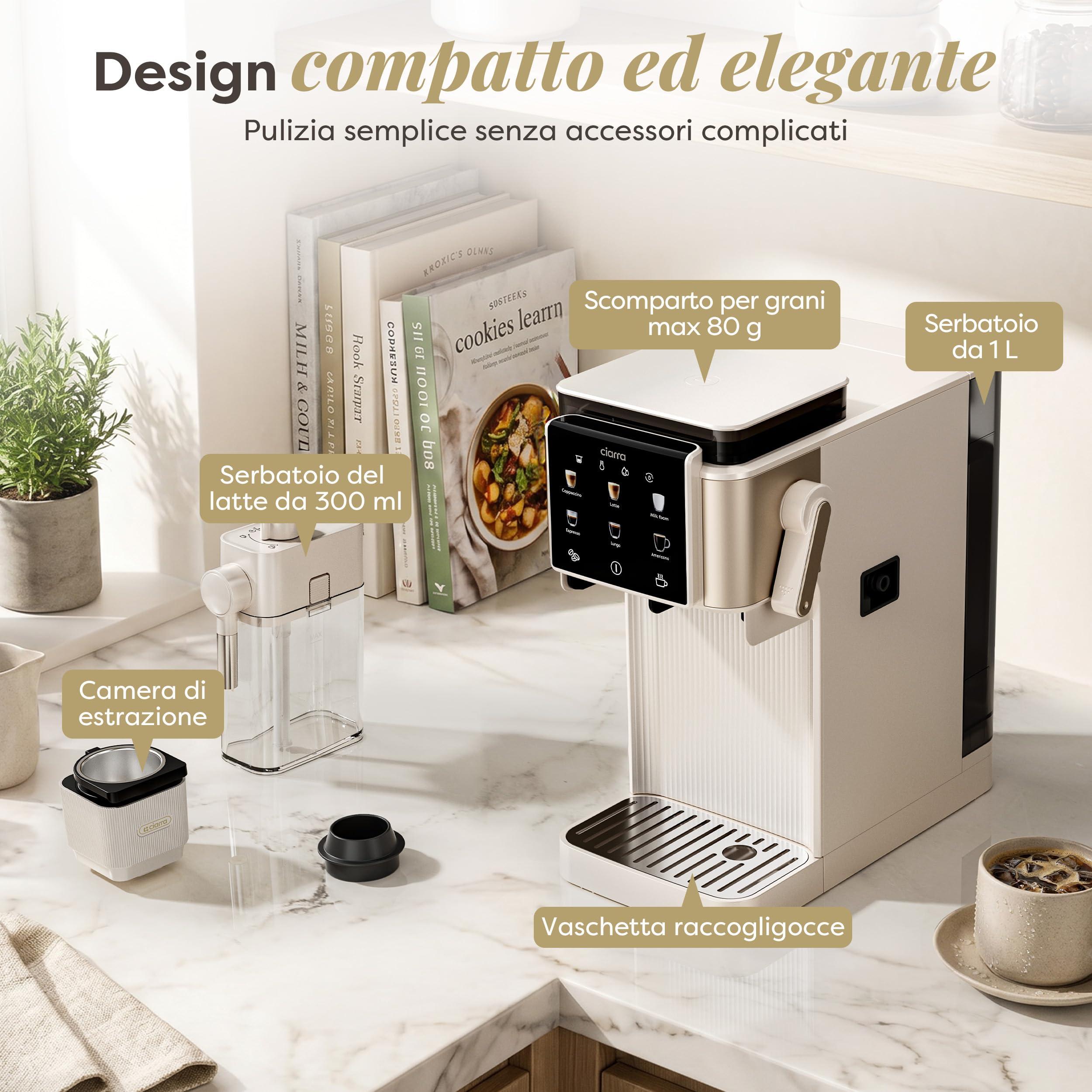 CIARRA CBSACM-D6 Macchina Caffè Espresso 15Bar con Macinacaffè e Montalatte | 1400W, Montalatte per Cappuccino e Latte, Caffè in Grani, Compatta, Decalcificazione Semiautomatica