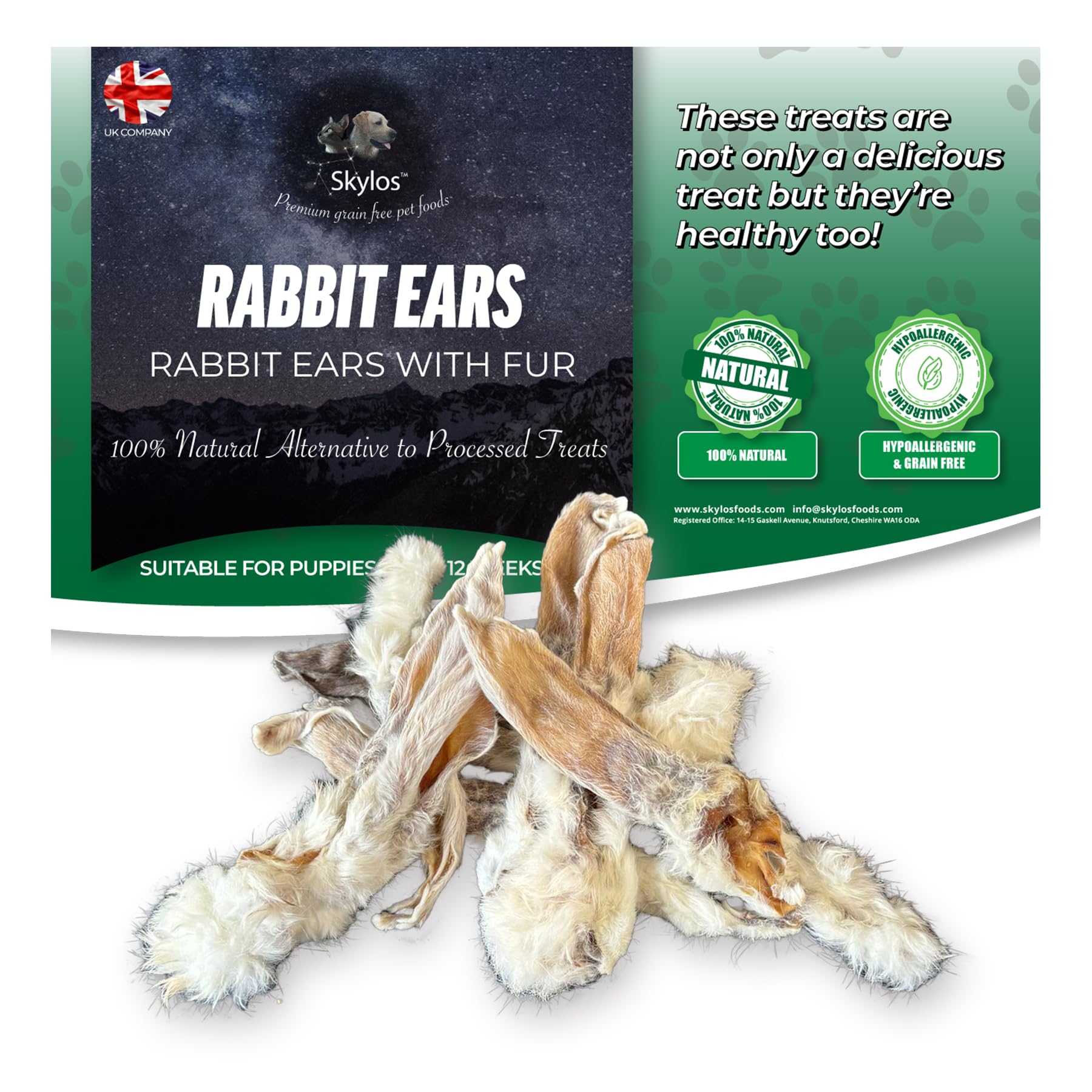 Skylos Wholesome Rabbit Ears with Fur for Dogs 1kg Crunchy Chews to Support Dental Health & Digestion - Grain-Free, High Protein and Hypoallergenic 100% Natural Alternative to Processed Treats (1kg)