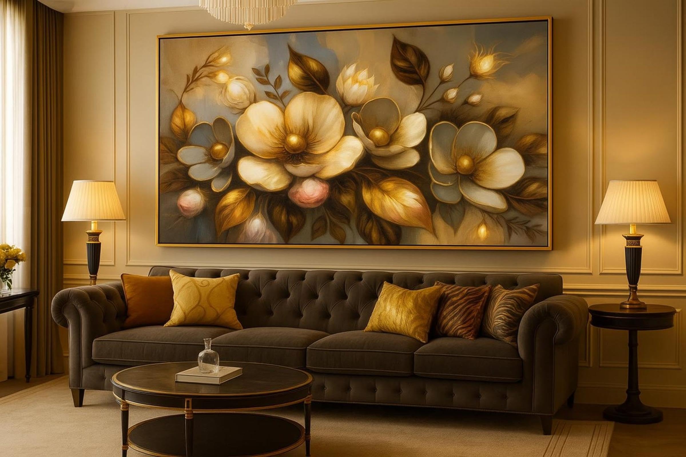 Impression sur toile florale dorée 40x80cm pour salon moderne