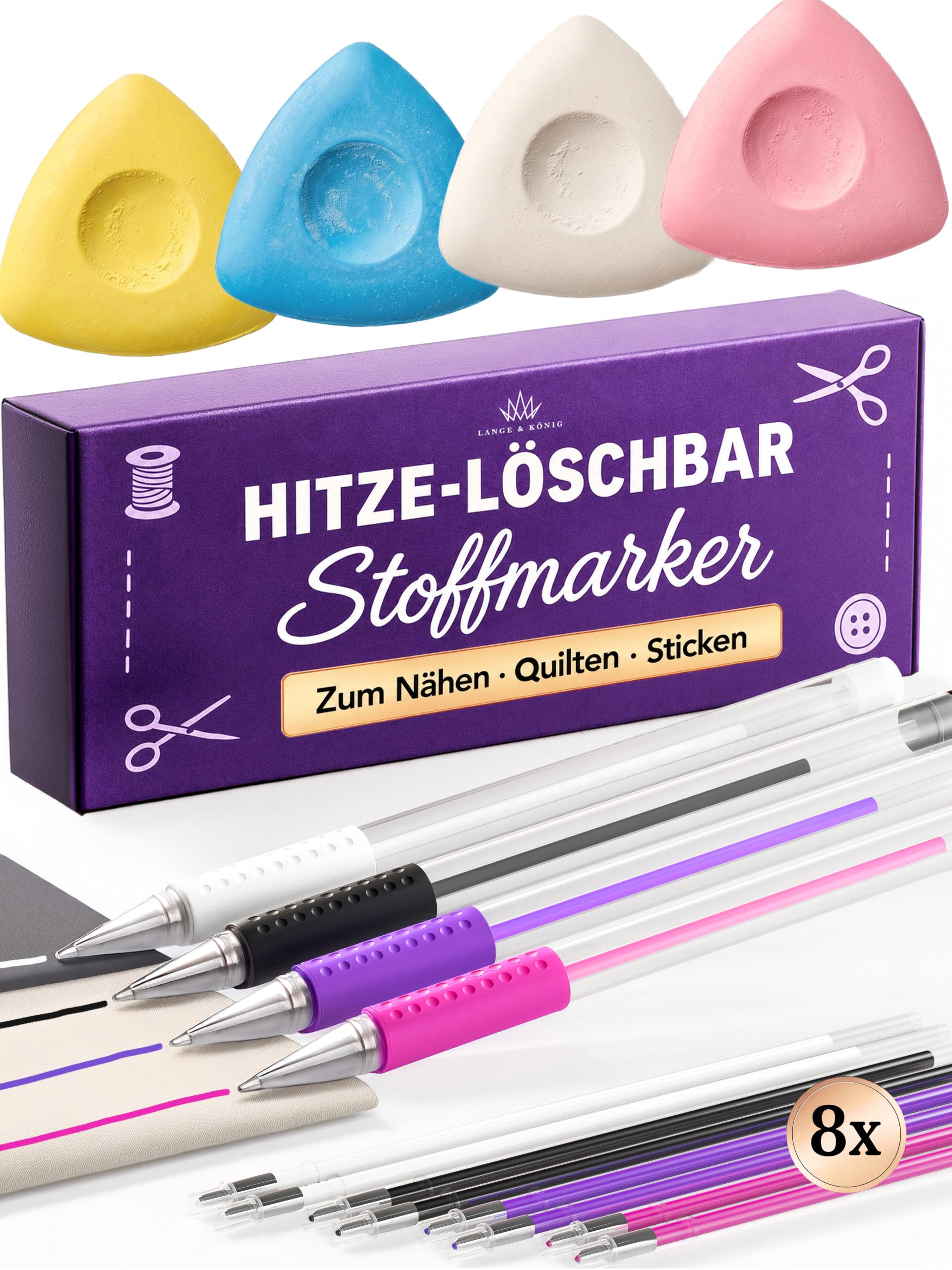 Lange & König® Schneiderkreide & Stifte Set – 4x Nähkreide + 4 Hitze-Stoffmarker [396m] – Trickmarker Nähen, Stoffkreide, Tailors Chalk, Nähzubehör Grundausstattung, Nähen Zubehör, Patchwork Zubehör