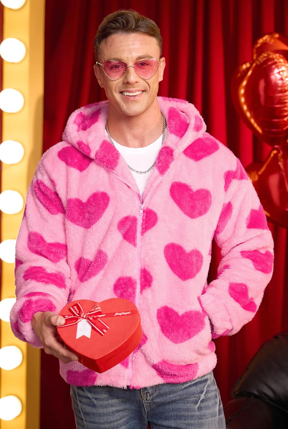 Arvilhill Men's Valentines Day Sherpa Hoodie Heart Print Fleece Lined Full Zip Jacket with Pocket (S-XXL) - Image 3