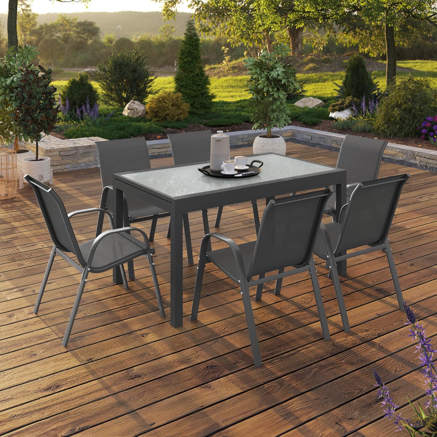IDMarket - Salon de Jardin Madrid Table Extensible 135-270 CM et 12 chaises empilables Gris Anthracite