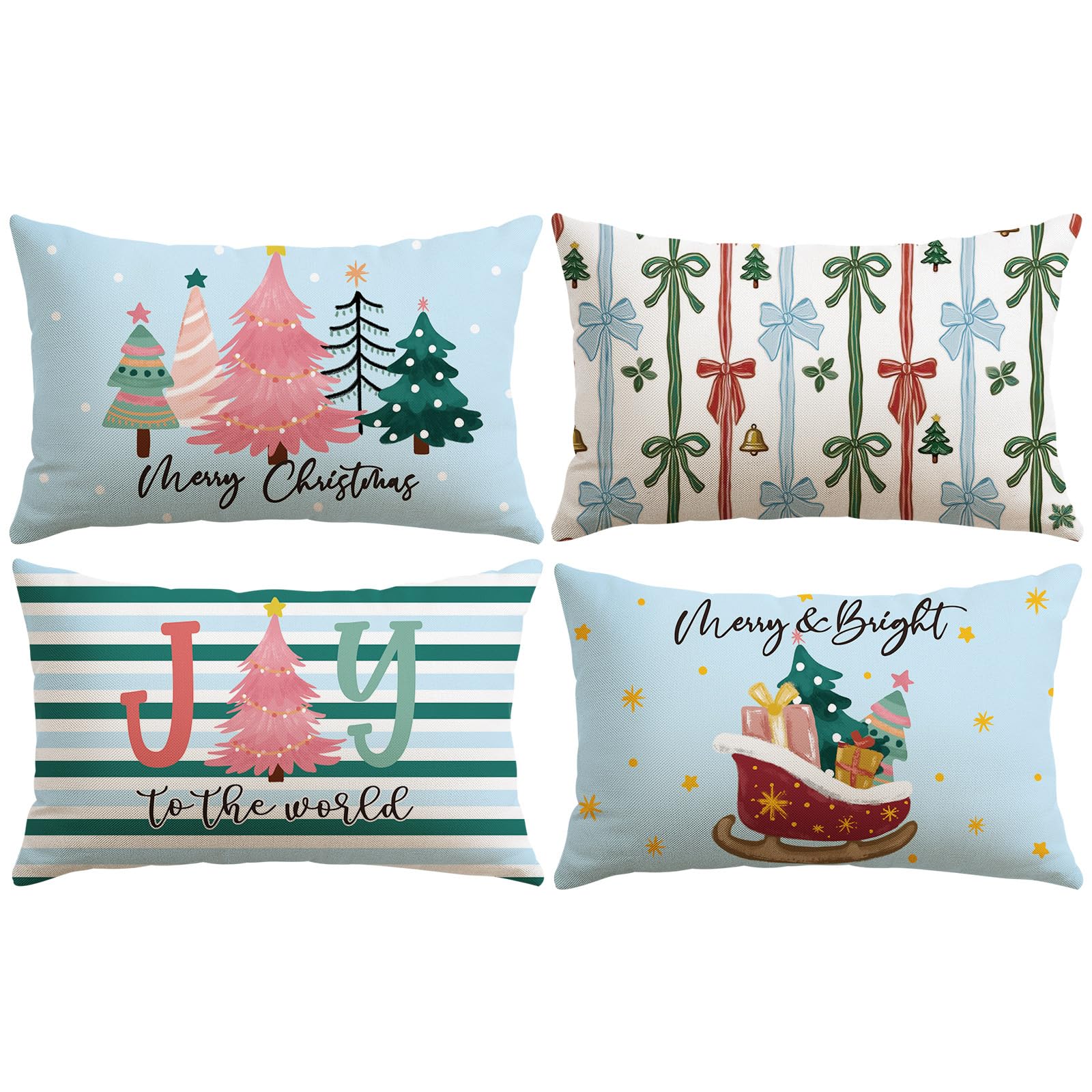 JOTOM Blue Christmas Cushion Covers 30x50 cm Set of 4 Winter Holiday Decorative Throw Pillow Covers Sofa Joy Cushion Cases Xmas Trees Decoration for Home Couch Decor (Christmas Tree)