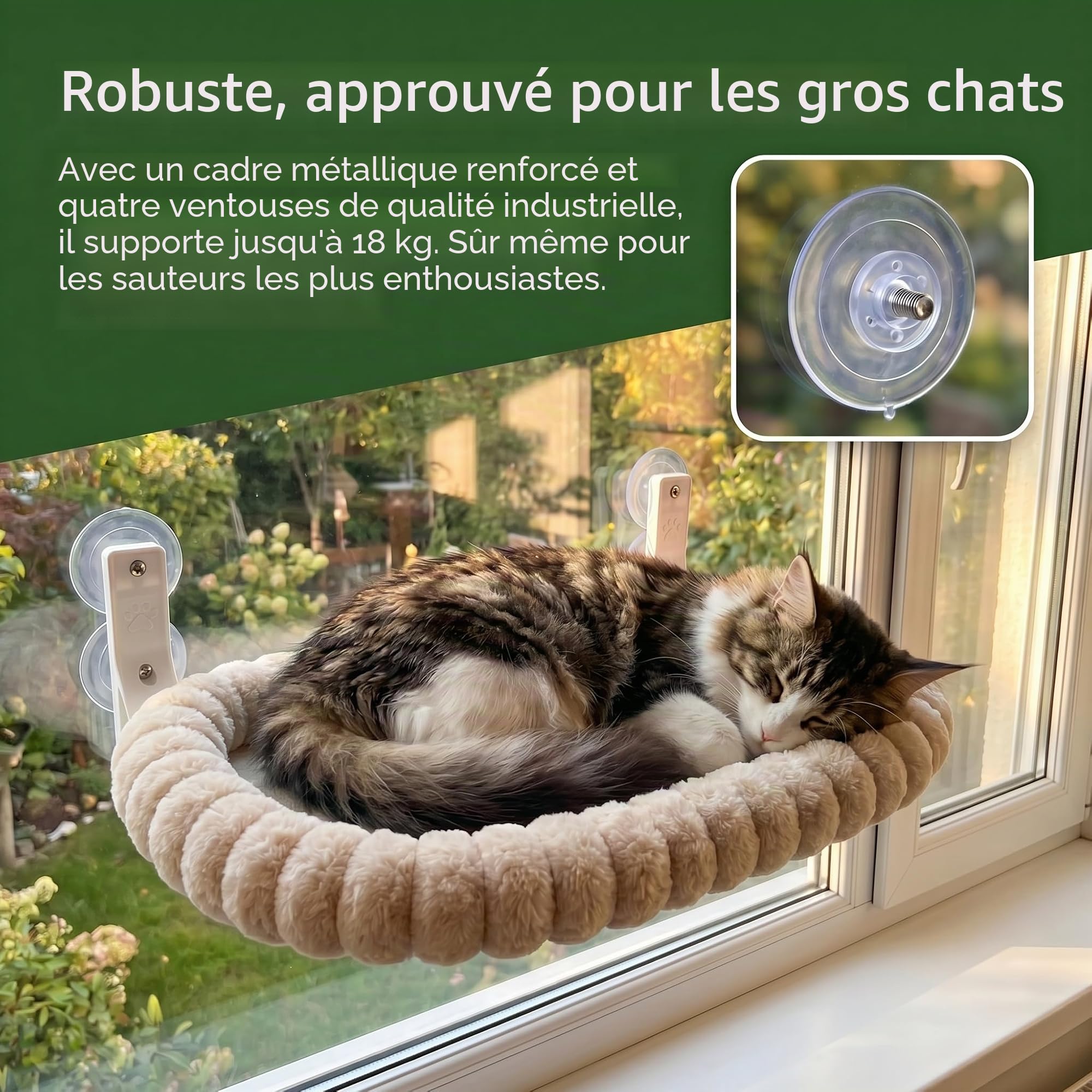 Hamac de fenêtre pour chat, lit de fenêtre en peluche pour chat avec 4 ventouses puissantes, perchoir pliable pour chats d'intérieur, cadre en acier robuste supporte 18kg, lavable, M(52x30cm