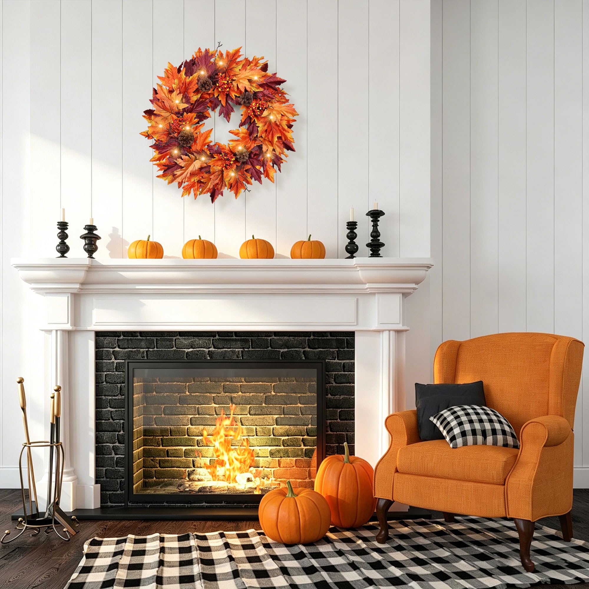 Ghrdopy Couronne d'automne pour porte d'entrée avec 20 lumières et minuteur