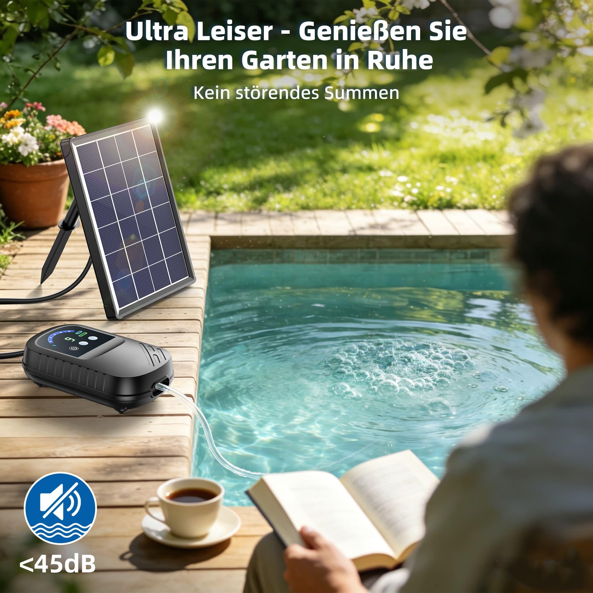 Biling Bomba de oxígeno solar para estanque de 3,5 W, con batería de 2200 mAh, manguera de 3 m, IPX5 silenciosa, bomba de aire solar silenciosa para estanque de jardín, depósito de agua de lluvia