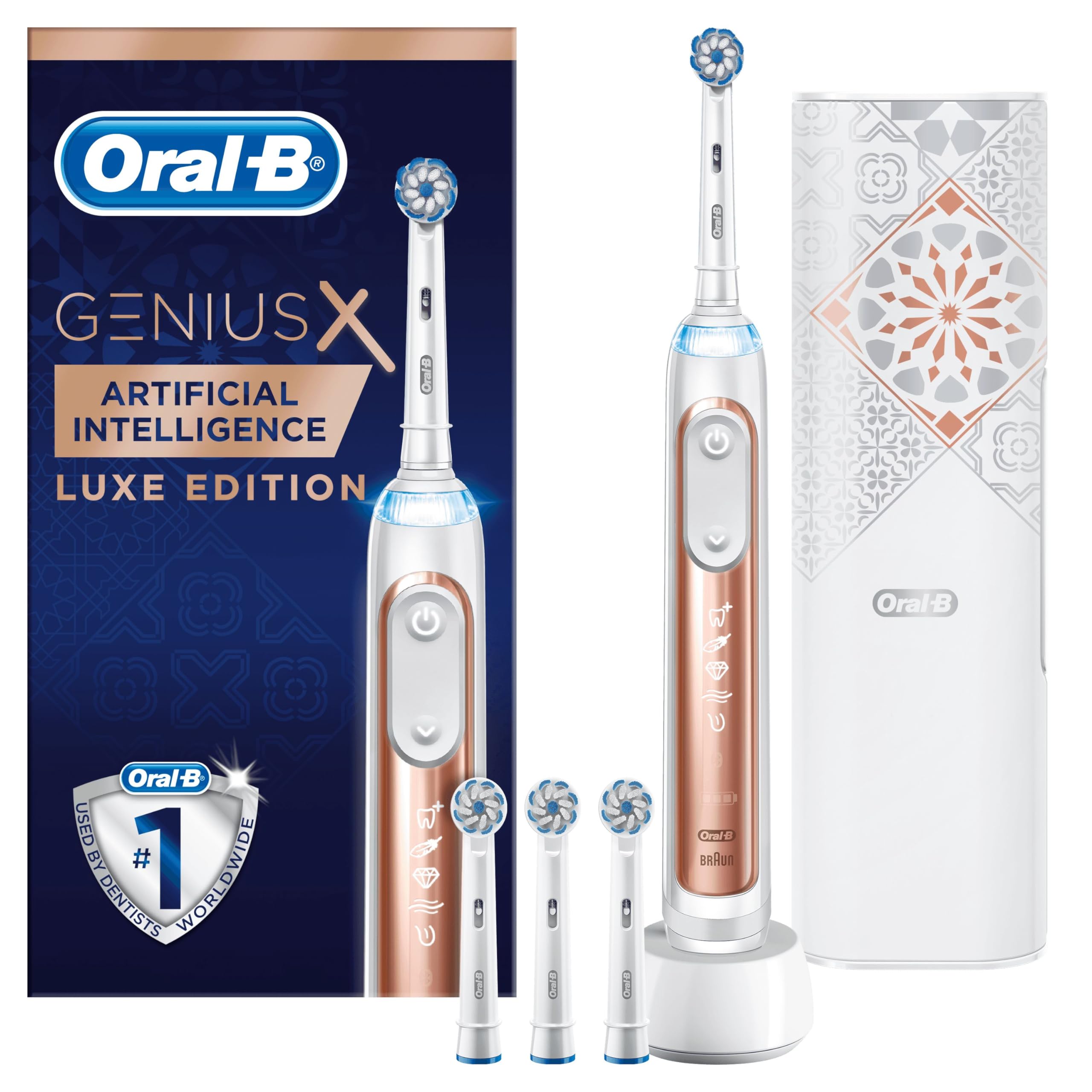 Oral-BGenius X Oral-B Genius X Luxe Edition with Rose Gold Electric Toothbrush, 3 Sensi Ultrathin Toothbrush Heads, Gum Pressure Sensor, Smart USB Travel Case, 2 UK Pin Plug
