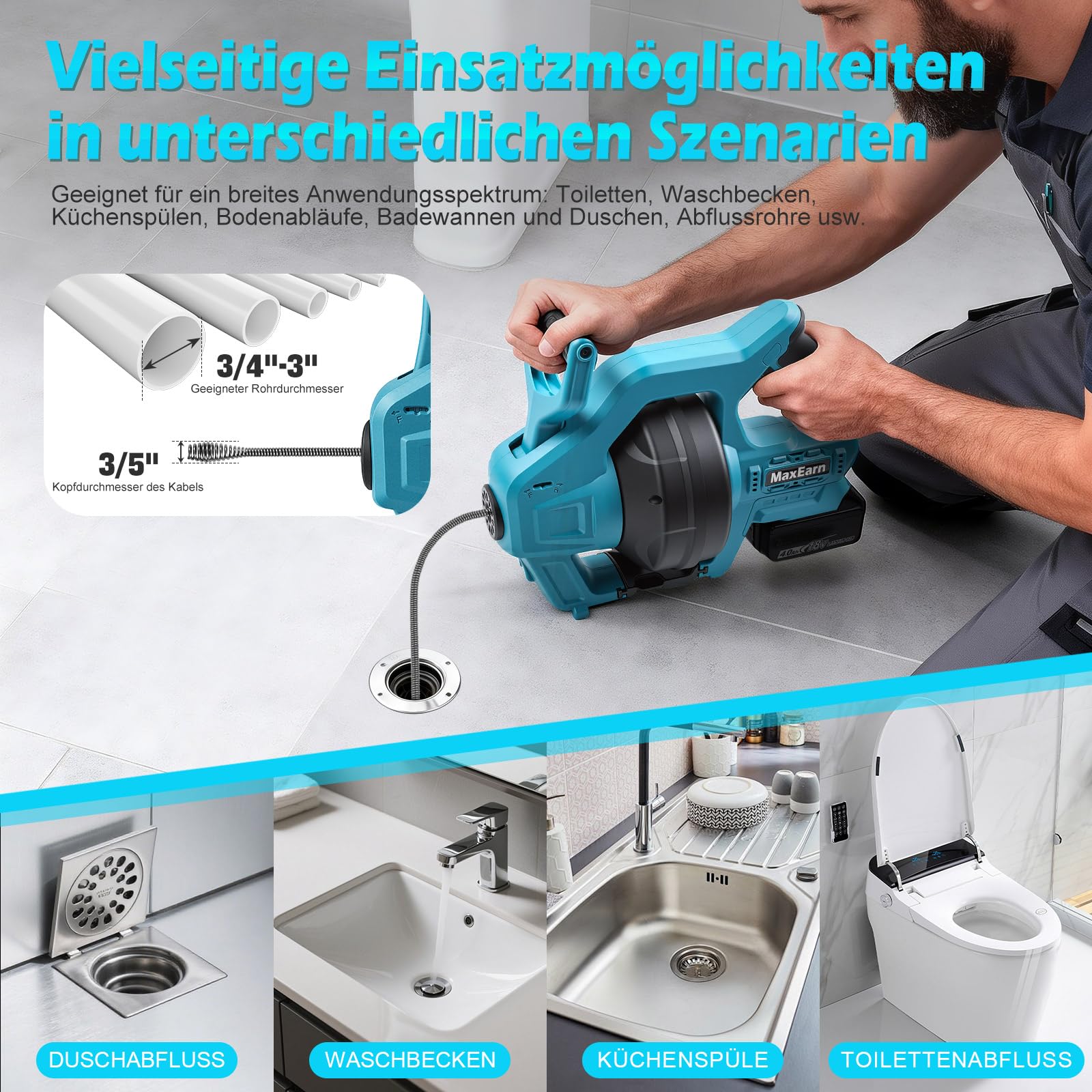 Espiral de limpieza automática de tuberías con batería, compatible con batería Makita de 18 V, 23,6 pies, desatascador de desagües, para 19-85 mm, limpiador de tuberías en espiral para cocina