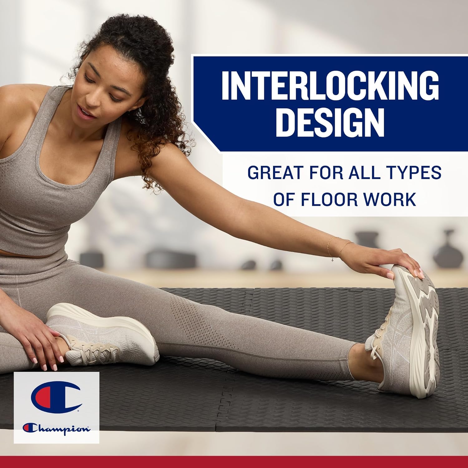 Champion Interlocking Foam Floor Tiles, 12mm Thick EVA Foam Exercise Mat Set with 6 Interlocking Mats & 10 Border Pieces, Non-Slip Cushioned Flooring for Home Workout, Yoga, Stretching, and Pilates
