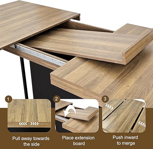 Miniatura 5 de Juego de mesa de comedor extensible marrón de 9 piezas para 8, 63-78.74 pulgadas, juego de mesa de comedor extensible de madera rectangular y sillas