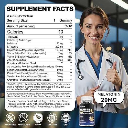 Miniatura 2 de Gomitas de melatonina de 20 mg para mujeres y hombres Vitaminas puras sin azúcar Suplemento orgánico con Ashwagandha de magnesio L-teanina para una
