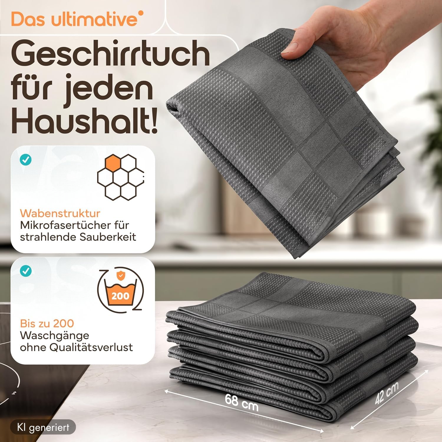 Microfaser Geschirrtücher Set 68x42cm Hochsaugend & Schnelltrocknend Streifenfrei bis 95°C Waschbar trocknergeeignet fusselfrei Küchenhandtücher (10, Grau, 68x42cm)