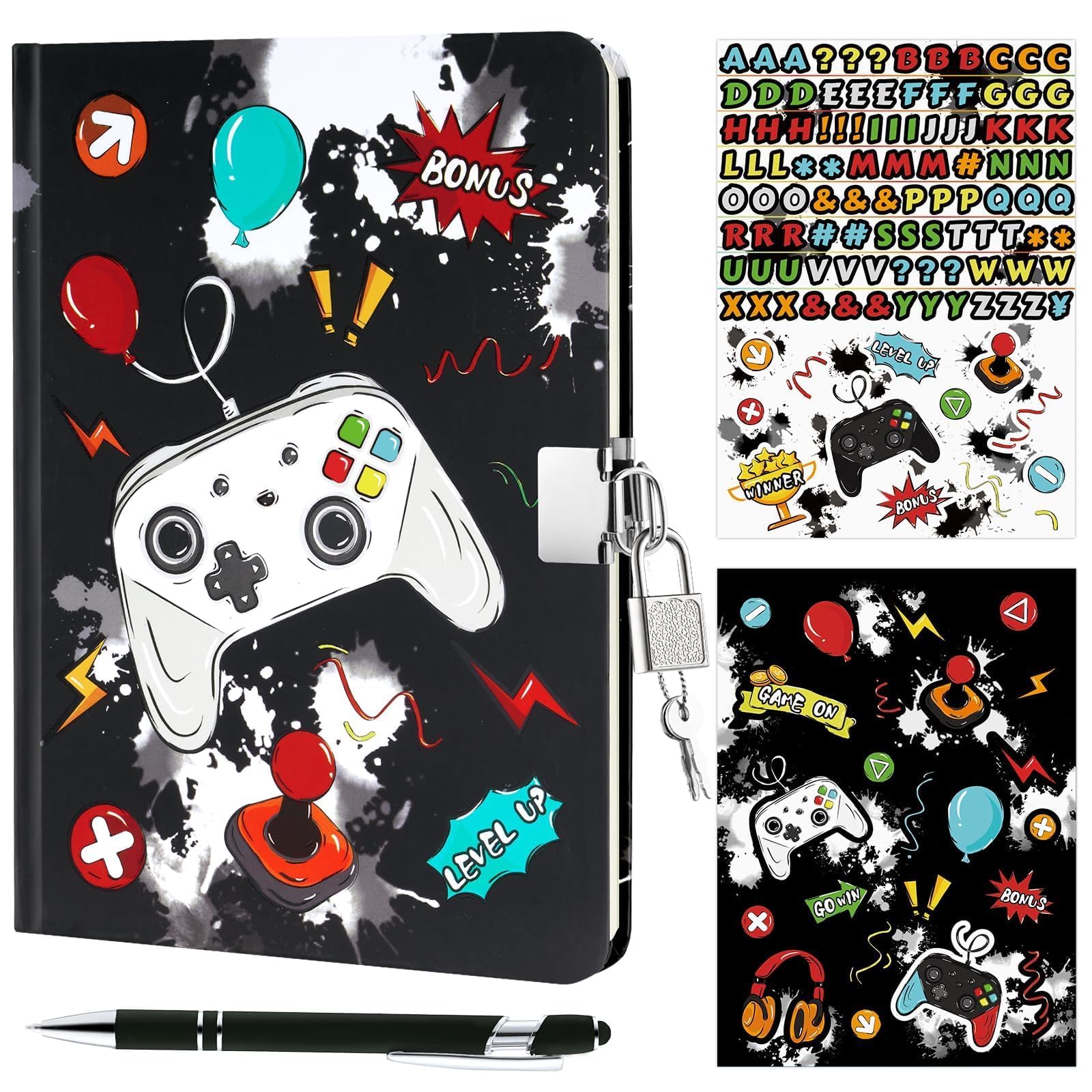 WERNNSAI Kit journal de jeu garçons - Journal lumineux enfants cadenas clés stylo autocollants carnet écriture ligné A5 jeux vidéo