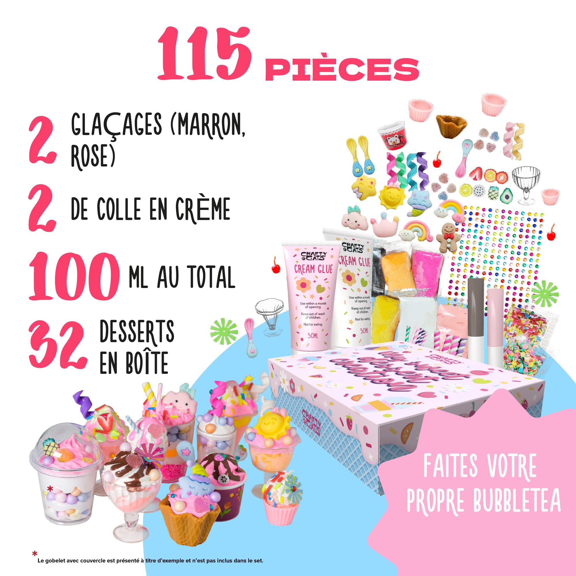 CRAFTY CATS Kit de loisirs créatifs Fête des Desserts – 115 pièces, argile à séchage à l’air, perles, colle crème avec embouts, set créatif DIY pour anniversaires et cadeaux, enfants 6+