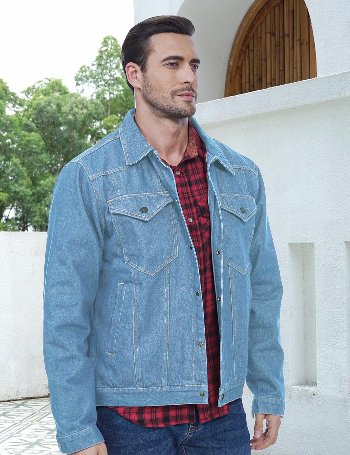 Men's Flannel Lined Denim Jackets Cowboy Cut Western Vintage Rugged Jean Trucker Jacket with Pockets - Image 2