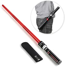 MewduMewdu Light up Saber Toy with Electronic Lights & FX Sound Effect for Kids and Adults, Red LED Light Expandable Light Sword Toy for Party, Halloween, Holiday, Birthday Roleplay(with Belt Clip)