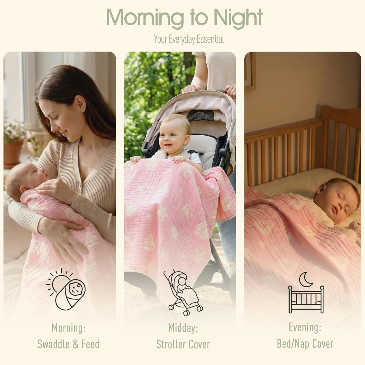 6-Layer Muslin Baby Blanket Made with Organic Cotton - Serene Ocean Life & Sea Wonders Theme,Swaddle & Crib Quilt, 43" x 43",Pink Ocean