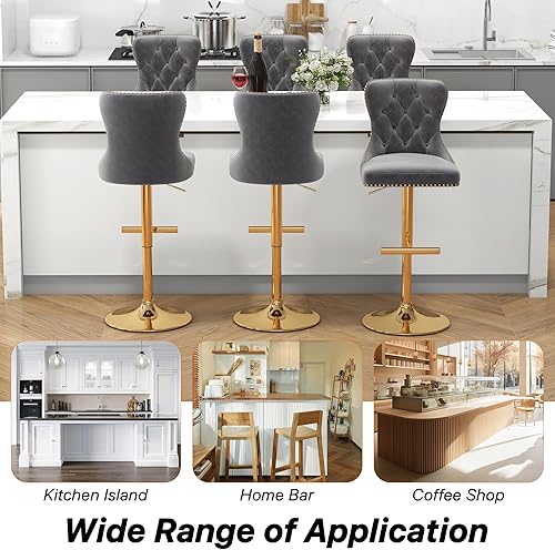 Miniatura 9 de Juego de 2 taburetes de bar, taburetes giratorios de terciopelo con respaldo copetudo, asiento ajustable con ribete de cabezas de clavos, sillas de