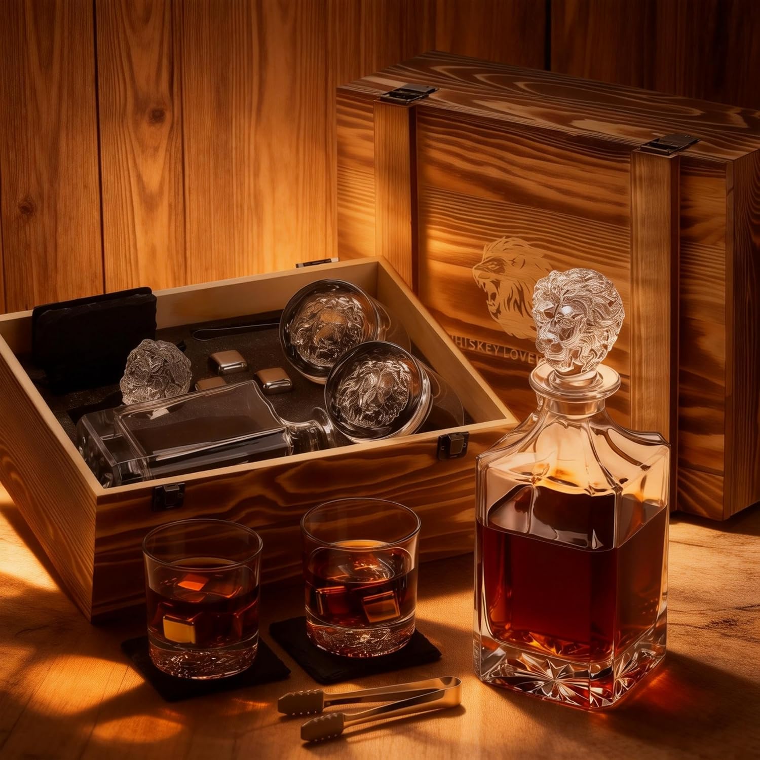 Lion Head Whiskey Decanter Set by Luskeycor – Whiskey Gift Set - 24oz 750 ml with Glasses，Whiskey Stones, Coasters and Tong – Whiskey Gifts for Men, Husband, Dad, Boyfriend，Christmas - Image 3