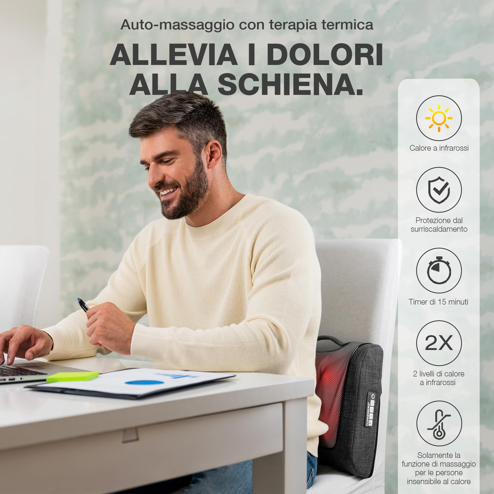 Massaggiatore per schiena 4D Donnerberg L’Originale-Qualità tedesca-Cuscino massaggiante-Ideale per casa, ufficio,auto-Profondo rilassamento-Shiatsu tapping e Infrarossi-10 testine massaggianti