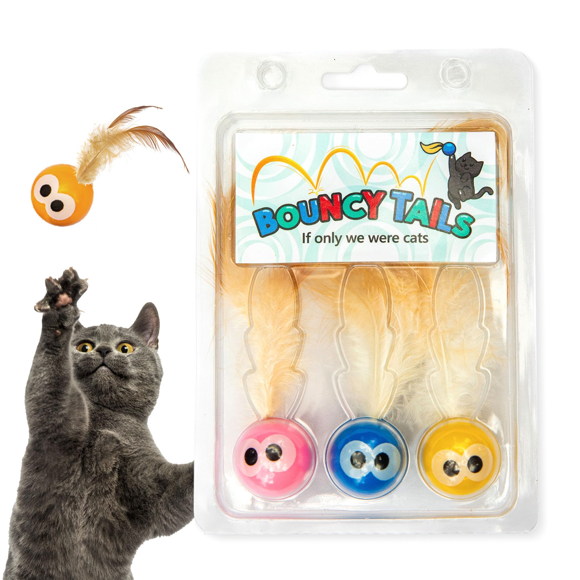 Bouncy Tails Interaktiver Hüpfball mit natürlichen Federn, für Hauskatzen und Kätzchen, die gerne Spielen und Spaß haben, 3 Stück