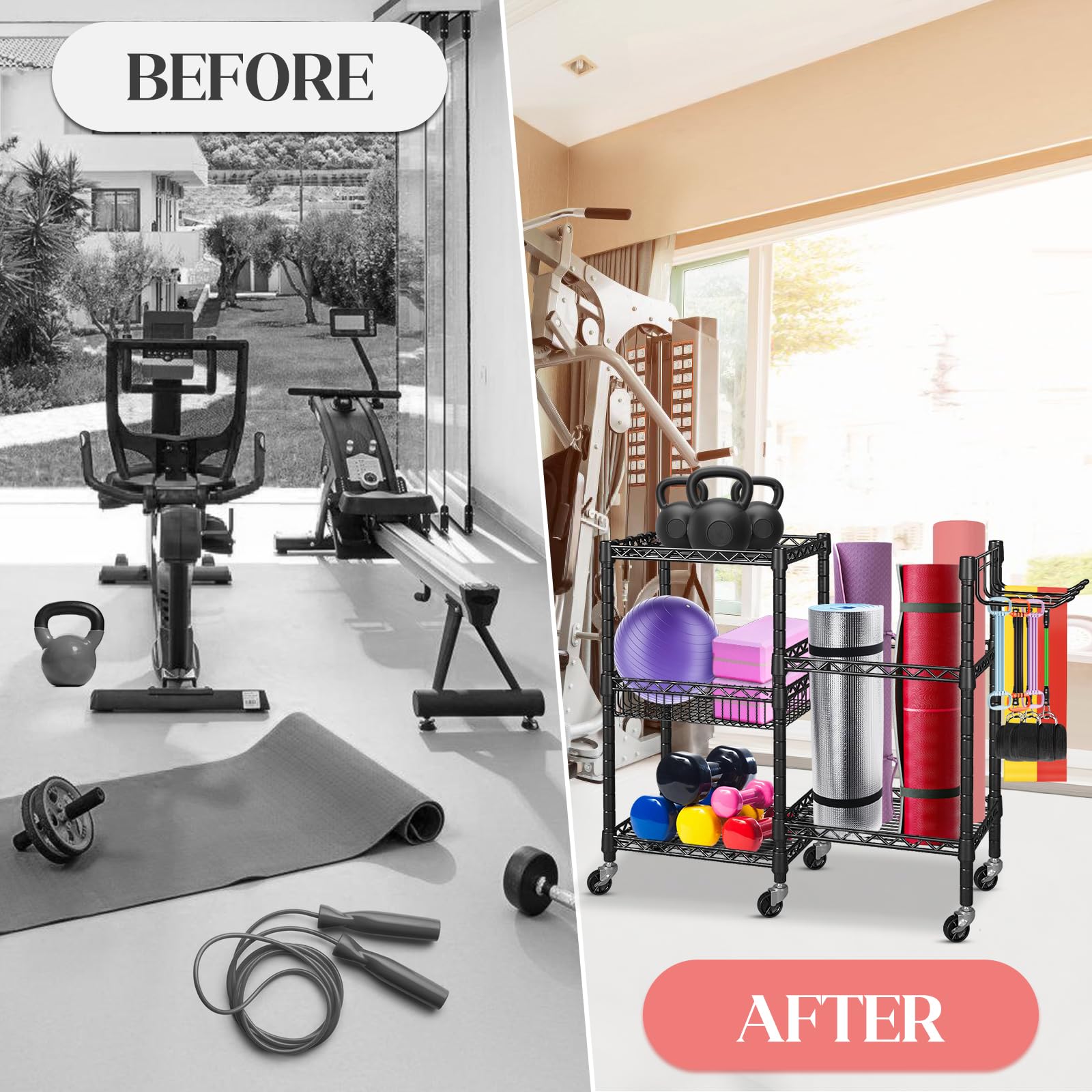 Rastrelliera per Manubri a 3 Livelli con Ruote Bloccabili e Ganci – Scaffale Palestra in Acciaio al Carbonio per Manubri, Tappetini Yoga e Bande di Resistenza, 91,5×30×82,5 cm, Portata 120 KG