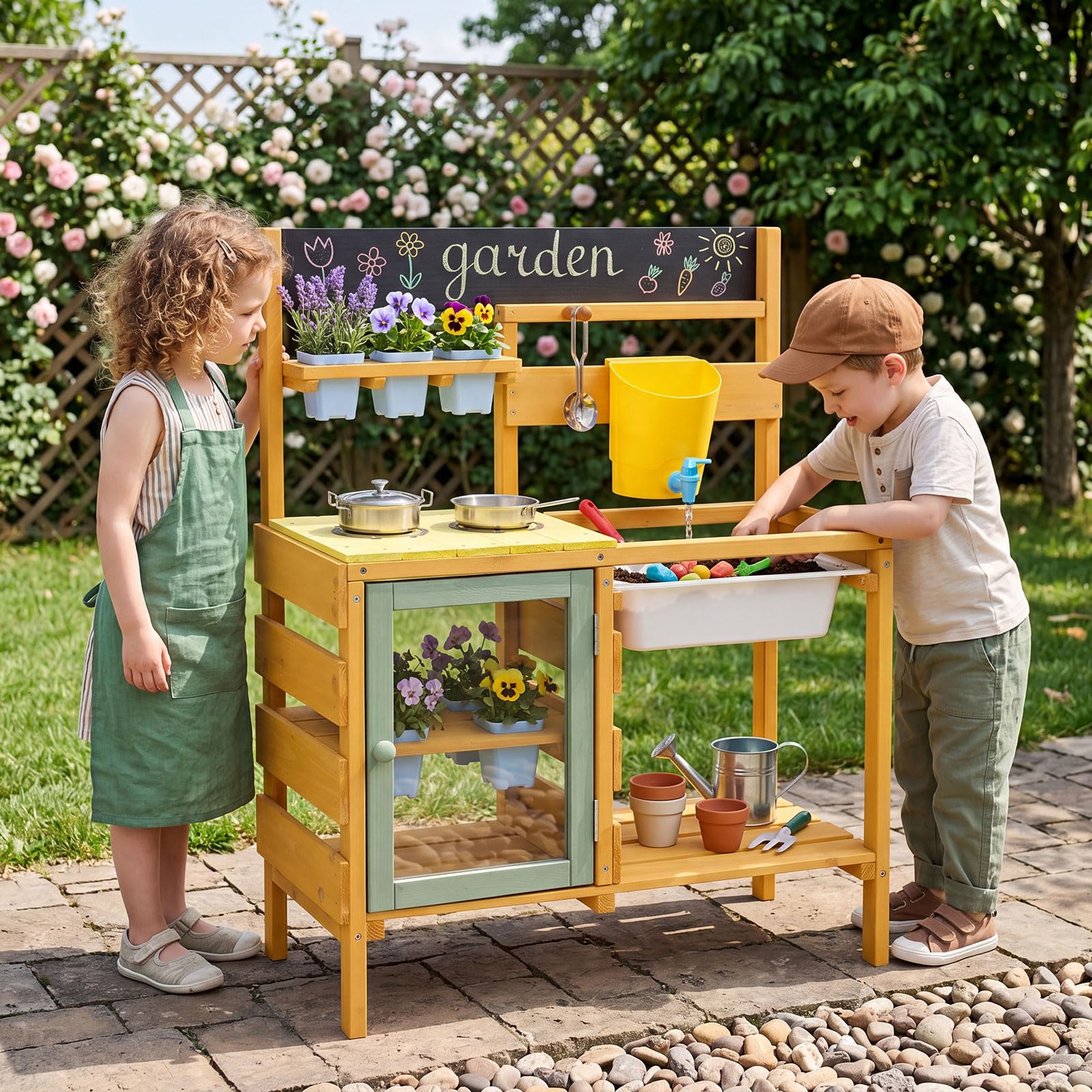 COSTWAY Matschküche Kinder Outdoor, Spielküche mit Wassertank & Wasserhahn | Kinderküche mit Spüle, Blumentöpfen, Kochzubehör & Ablagefächern, Gartenspielküche für Kinder ab 3 Jahren