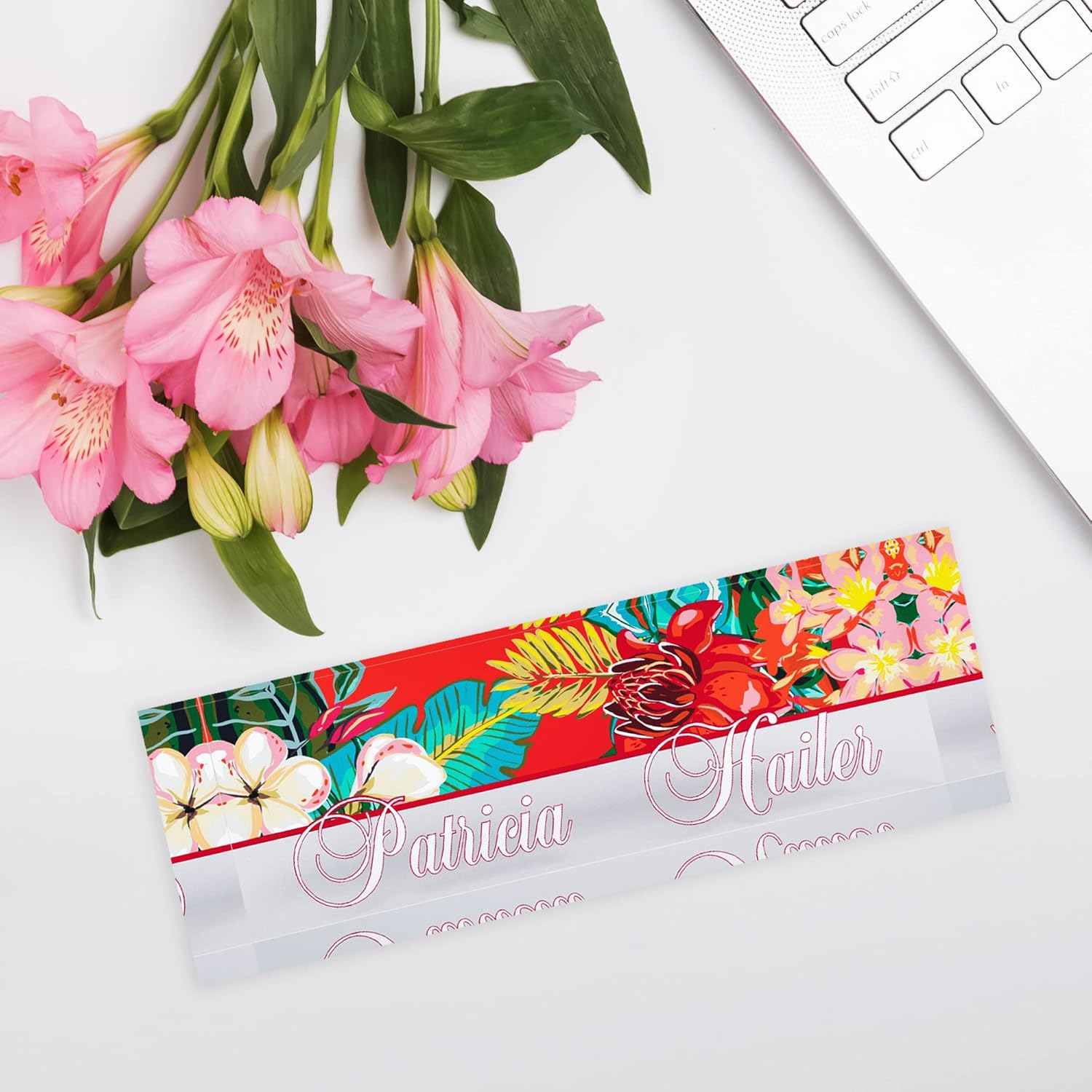 Desk Name Plates for Office Personalized Acrylic Decor, Custom Name Sign Bright Floral Glass Plate 8,1” x 2.75”, Boss Lady Office Decor Gift for Coworker Women Teacher Desk Accessories