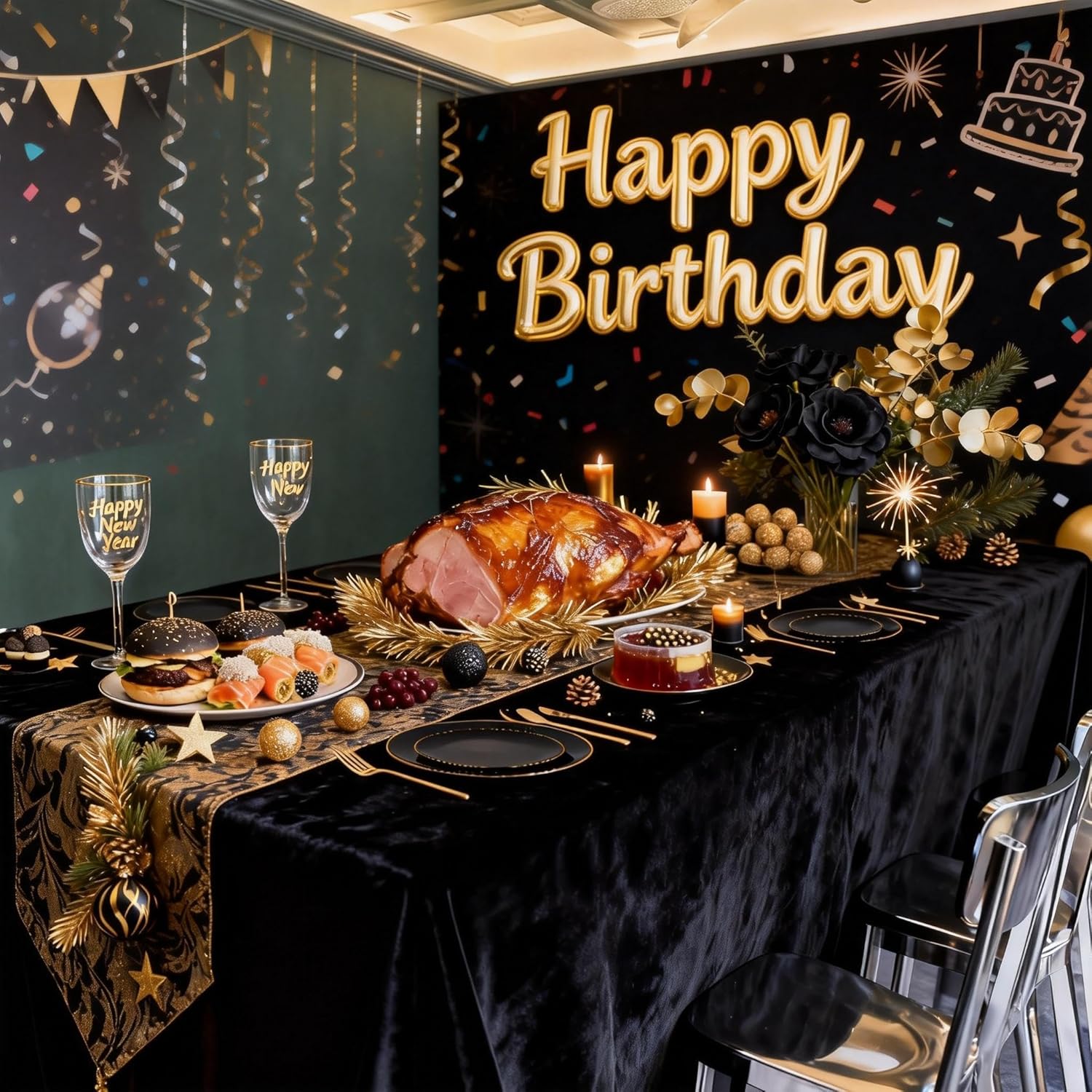 I00000 150Pcs Black Plastic Plates, Black Disposable Plates, Heavy Duty black plates for 30 Guests,Plastic Dinnerware Set Include 30 Dinner Plate,30 Dessert Plate,90 Gold Cutlery Set for Party - Image 7