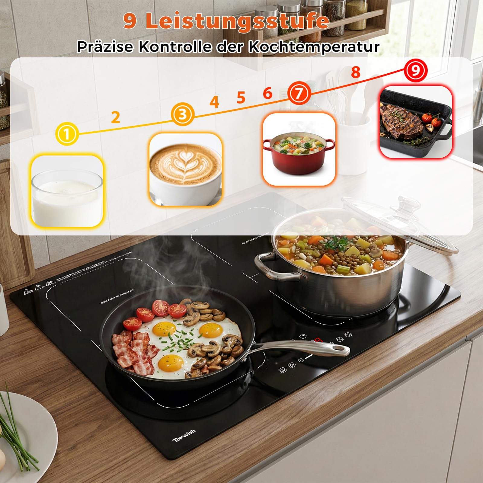 Topwish Induktionskochfeld 4 platten mit Flexzonen, Induktionskochfeld 60cm | Herdplatte 4 Kochfelder mit Boost-Funktion, Timer, Kindersicherung, Überhitzungsschutz und Warmhalten, 7200W