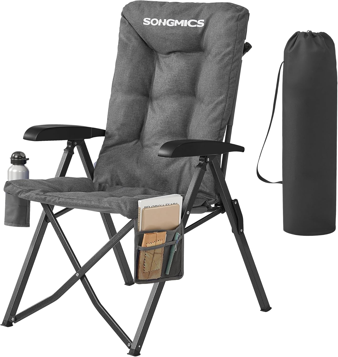 SONGMICS Campingstuhl faltbar, für Erwachsene, 95°-150° verstellbare Rückenlehne, Klappstuhl 6 cm Polsterung, Getränkehalter, Seitentasche, Tragetasche, Garten Camping Angeln, grau GCB016GZ01