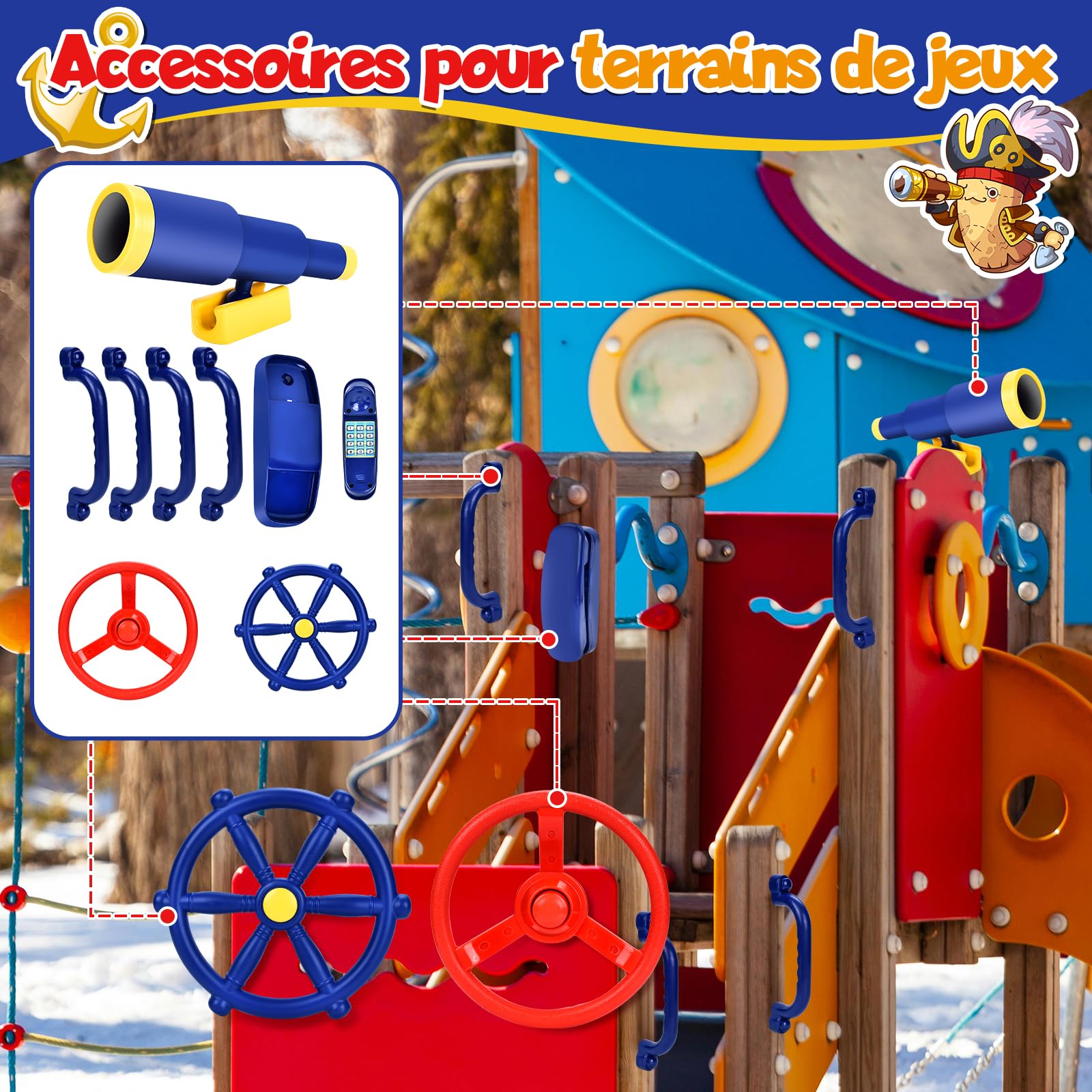 JONRRYIN Accessoires Jeu en Plein air, 8pcs Accessoires Tour de Jeu, Équipement d'aire Jeux pour Enfants, Echafaudage Escalier, Balançoire Extérieur, Télescope, Aire Jeux balançoire téléphone (Bleu)