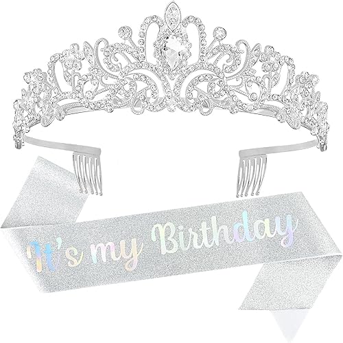 YISSION Corona de tiara de princesa plateada para mujeres y niñas, corona de reina y banda de feliz cumpleaños, tiaras y coronas de cumpleaños para