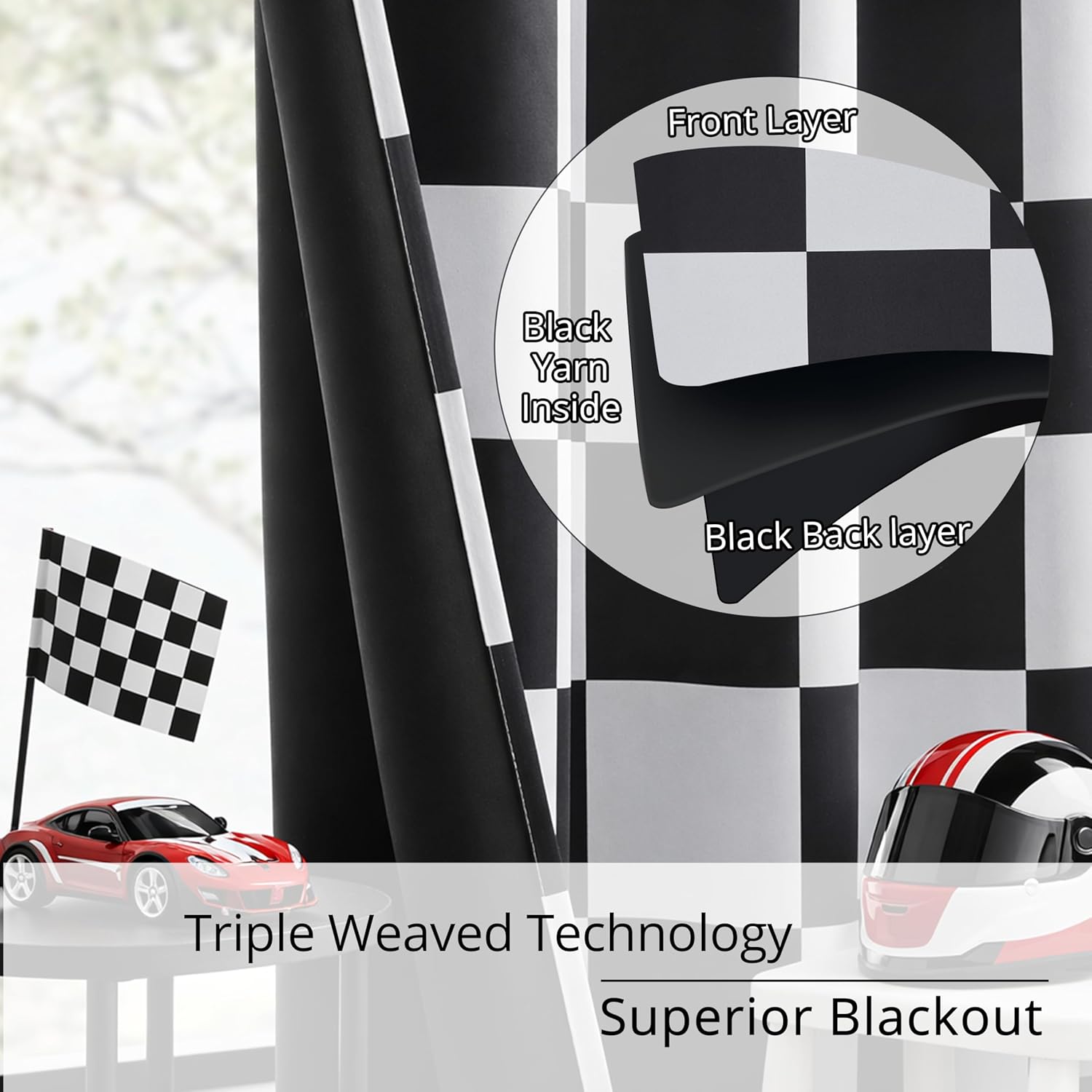 100% Blackout Curtains – Black and White Checkered Race Flag Pattern, 2 Panels, Each W42×L84, Thermal Insulated, Nosie Reducing for Bedroom, Living Room, Race car Drapes