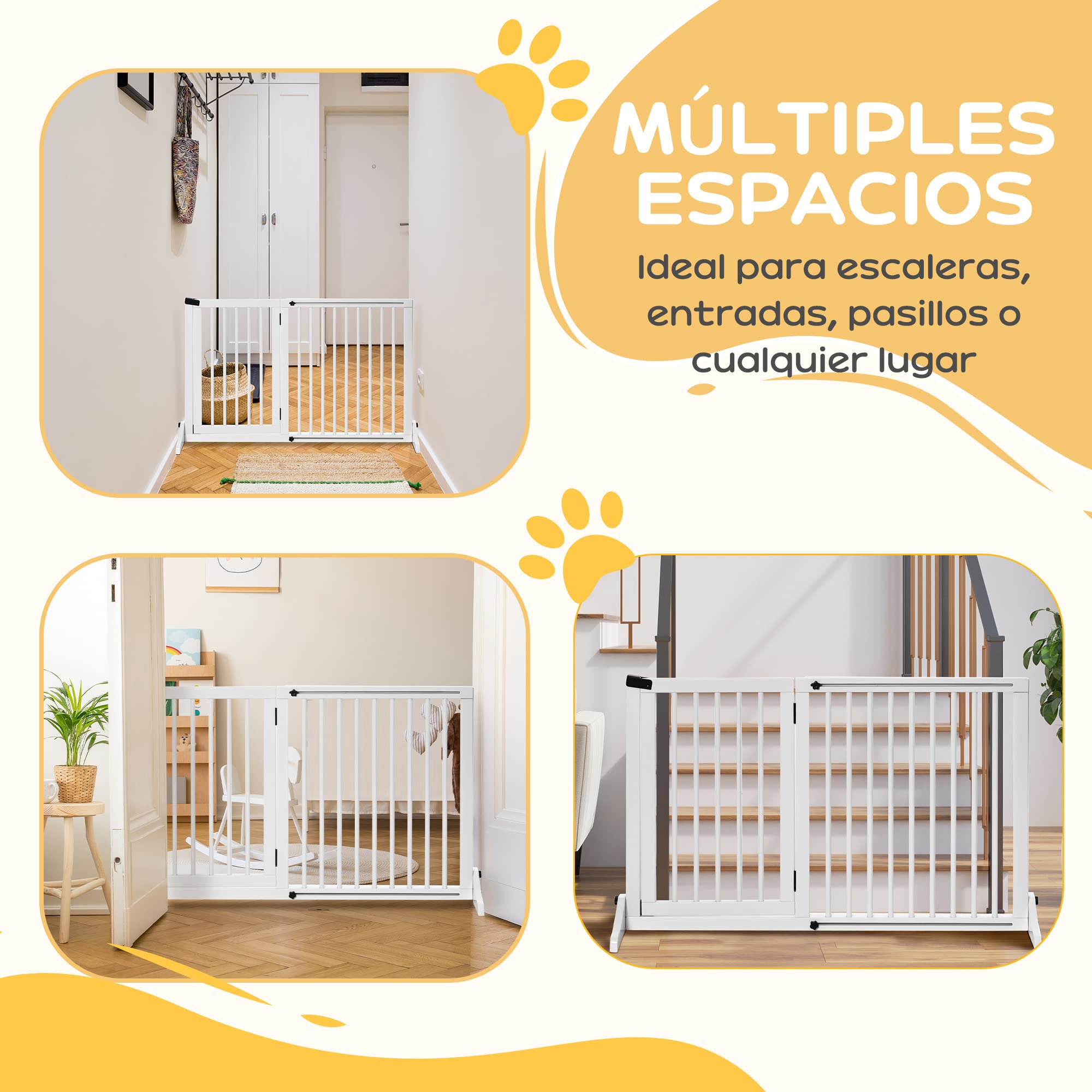 PawHut Barrera para Perros Extensible 3 Paneles 113-166x36x71 cm Blanco | Barrera de Seguridad para Perros, Longitud Ajustable, Marco de Madera, Soporte de Pie