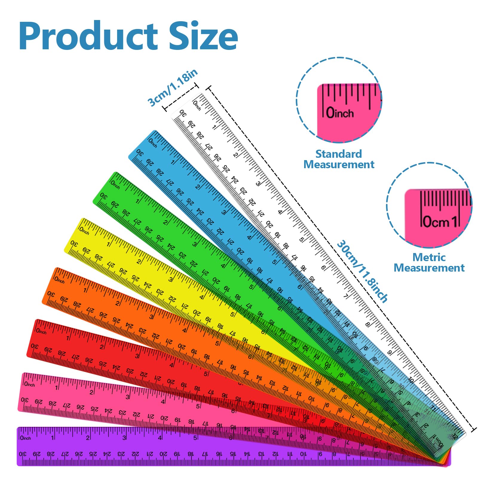 Kunststoff-Lineale in 8 verschiedenen Farben, transparente Lineale mit Zoll, Zentimeter und Millimeter, langlebige ABS-Schullineal für Kinder, Klassenzimmer, Büro, Zuhause, Schulbedarf, 200 Stück