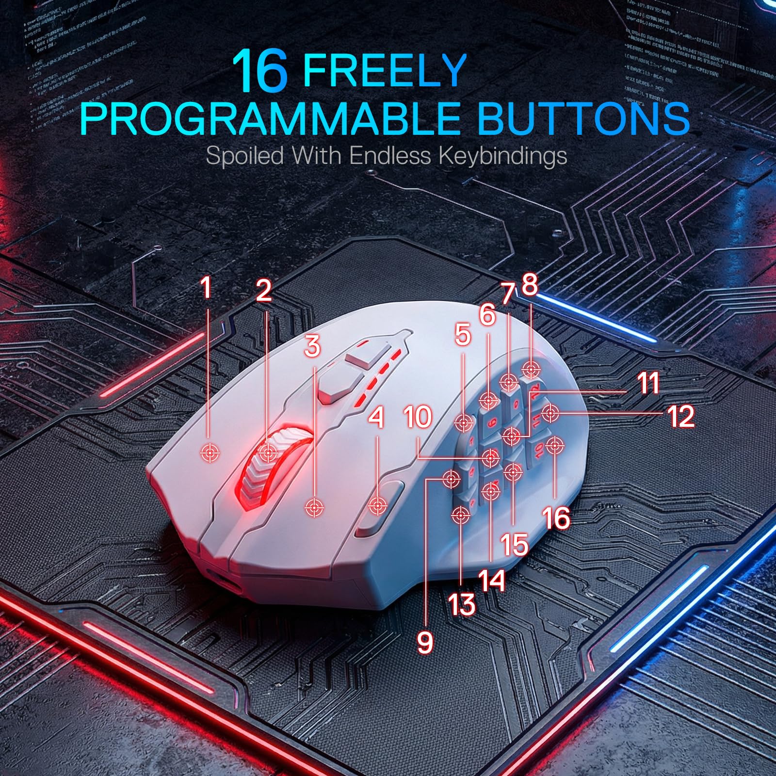 Redragon M913 MAX Ratón MMO Gaming Inalámbrico 26000 dpi 16 Botones Blanco | BT y 2.4G Conexión Software DIY Enlaces Teclas Sensor Preciso Diseño Especial para MMO