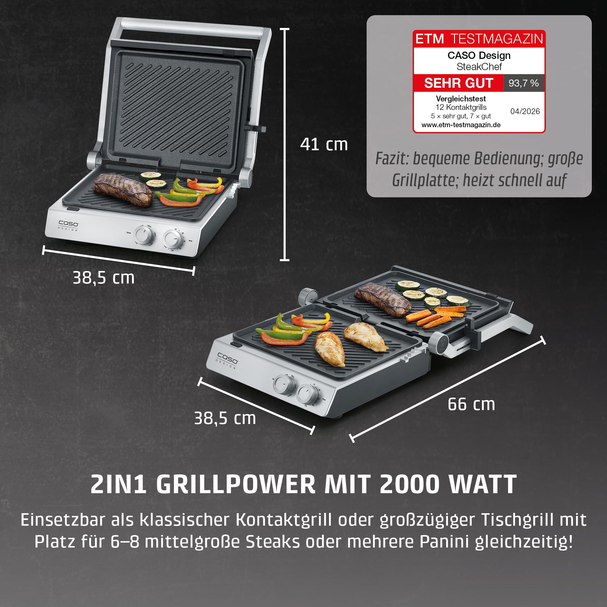 CASO SteakChef - Doppel-Kontaktgrill, Antihaftbeschichtung, 100-220°C | Testurteil sehr gut (ETM 04/2026), aufgeklappt als Tischgrill nutzbar, Steak, Sandwich, elektrischer Grill 2000 Watt